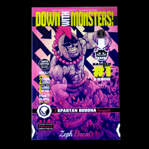 Animated paperback copy of Down with Monsters rotating 360 degrees.