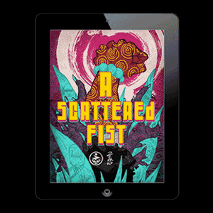 Rhythmically, pixelating cover for the ebook A Scattered Fist.